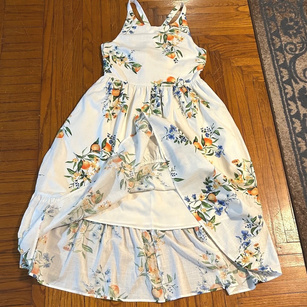 Citrus Botanical Midi Dress SZ S White Orange Mediterranean Vacation Resortwear - Picture 10 of 13